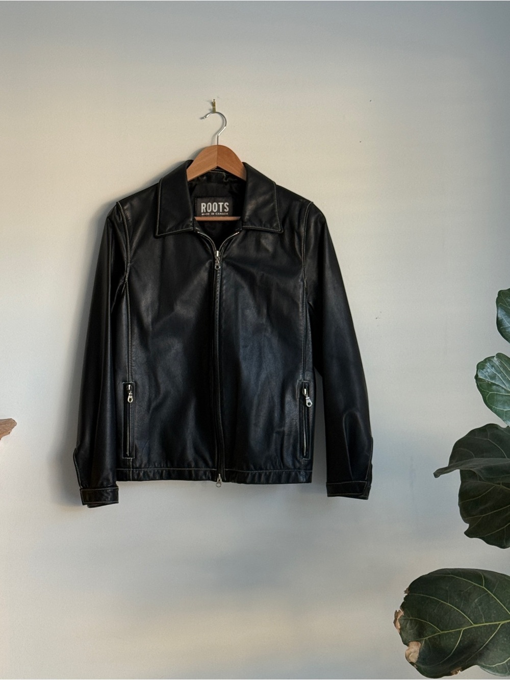 Roots Black Leather Bomber Jacket